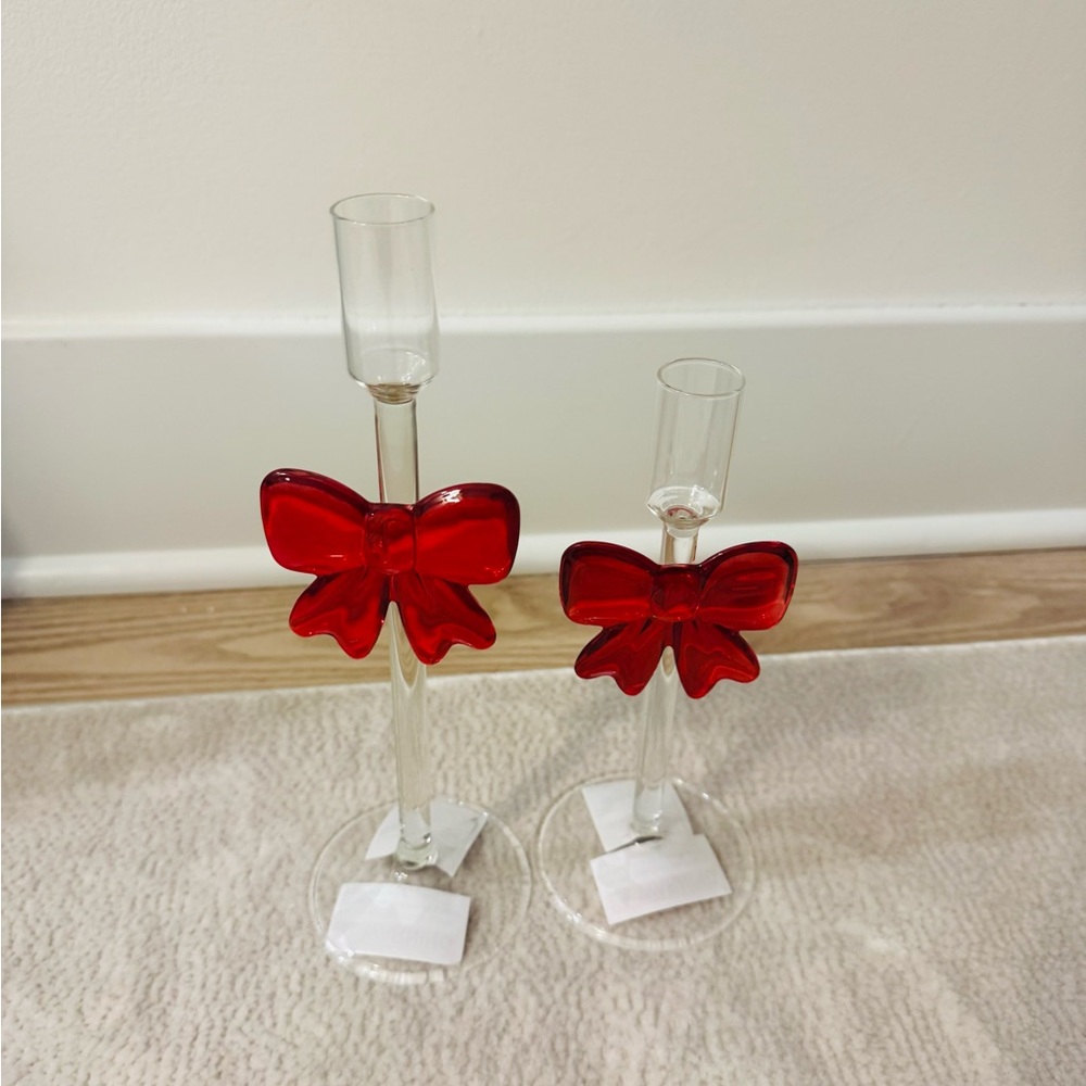 Red Bow Glass Taper Candle Holders Set of 2 Holiday Glam NEW